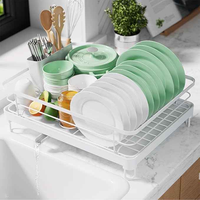 Kitsure Dish Drying Rack for Kitchen Counter, Stainless Steel Sink Organization and Storage Essentials with Cutlery Holder, Home and Appartment Decor, 12.7''W x 16.7''L, White