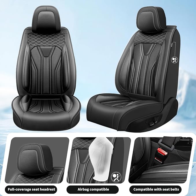 Fit Juke Car Seat Covers Compatible with Nissan Juke 2012-2015 2016 - Premium Leather， Waterproof Breathable， All-Weather Seat Cushion Protecto&Airbag Compatible (2 Front Seat All Black)