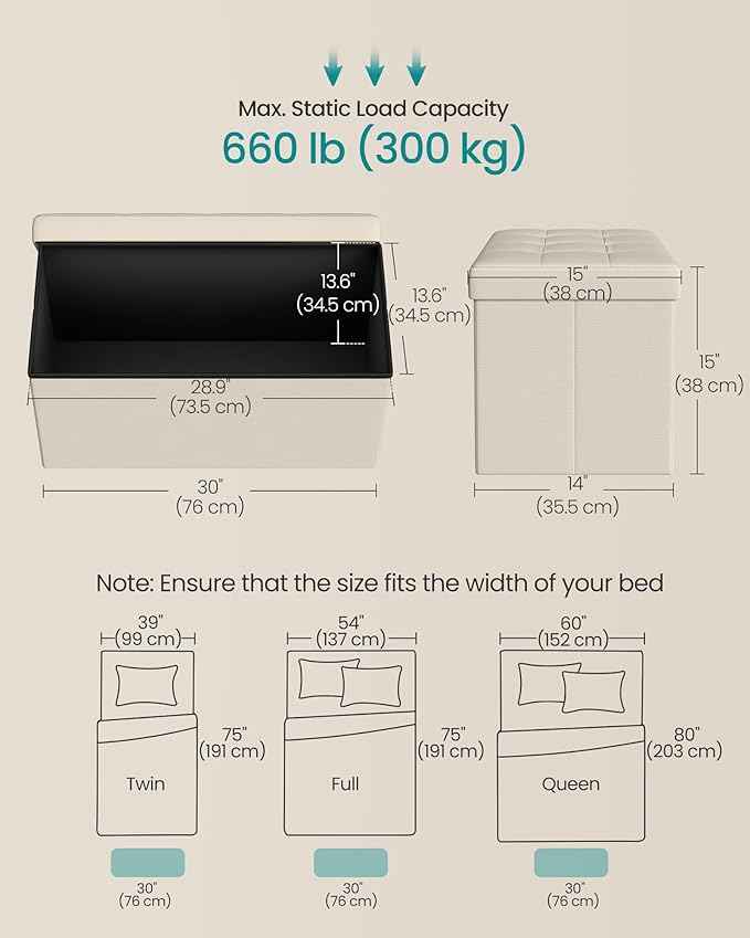 SONGMICS MAZIE Collection - 30 Inches Folding Storage Ottoman Bench, Ottoman Foot Rest, End of Bed Bench, Storage Chest, Load 660 lb, for Living Room, Bedroom, Entryway, Cream White ULSF47BE