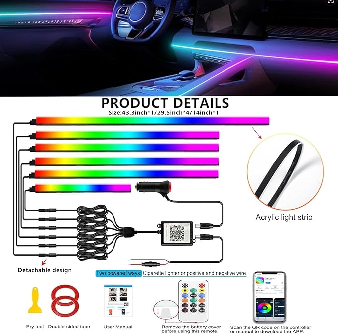 Acrylic Interior Car LED Strip Light with APP Remote Control, 175in 6 in 1 RGB Dreamcolor Neon Flexible Strip Fiber Optic LED Ambient Lighting Kits,RGB Music Lights Sync for Inside car Decorations