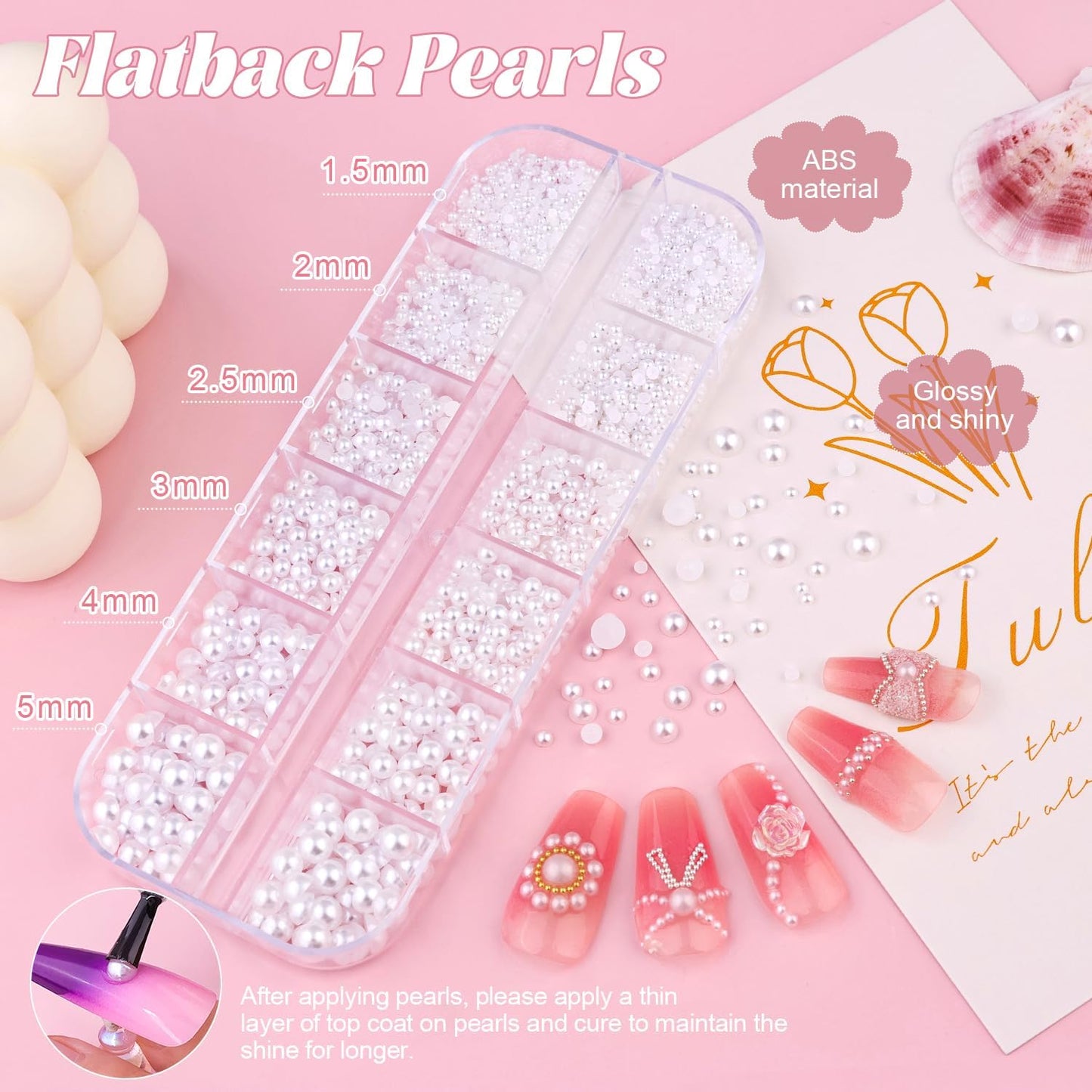 2 Boxes Flatback Pearls (White) and Metal Nail Beads (Silver+Gold) with Rhinestones Glue Gel for Nail Art, Pearl Nail Charms and Small Round Caviar Beads Nail Accessories for Manicure Decor