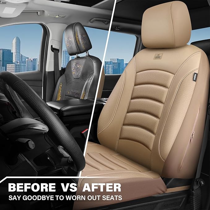CAR PASS 3D Foam PU Leather Car Seat Covers, Universal Seat Covers Front 2 for Trucks SUV Sedan Automotive Seat Covers Armrest Airbag Compatible Waterproof Comfortable Faux Nappa Leather All Beige