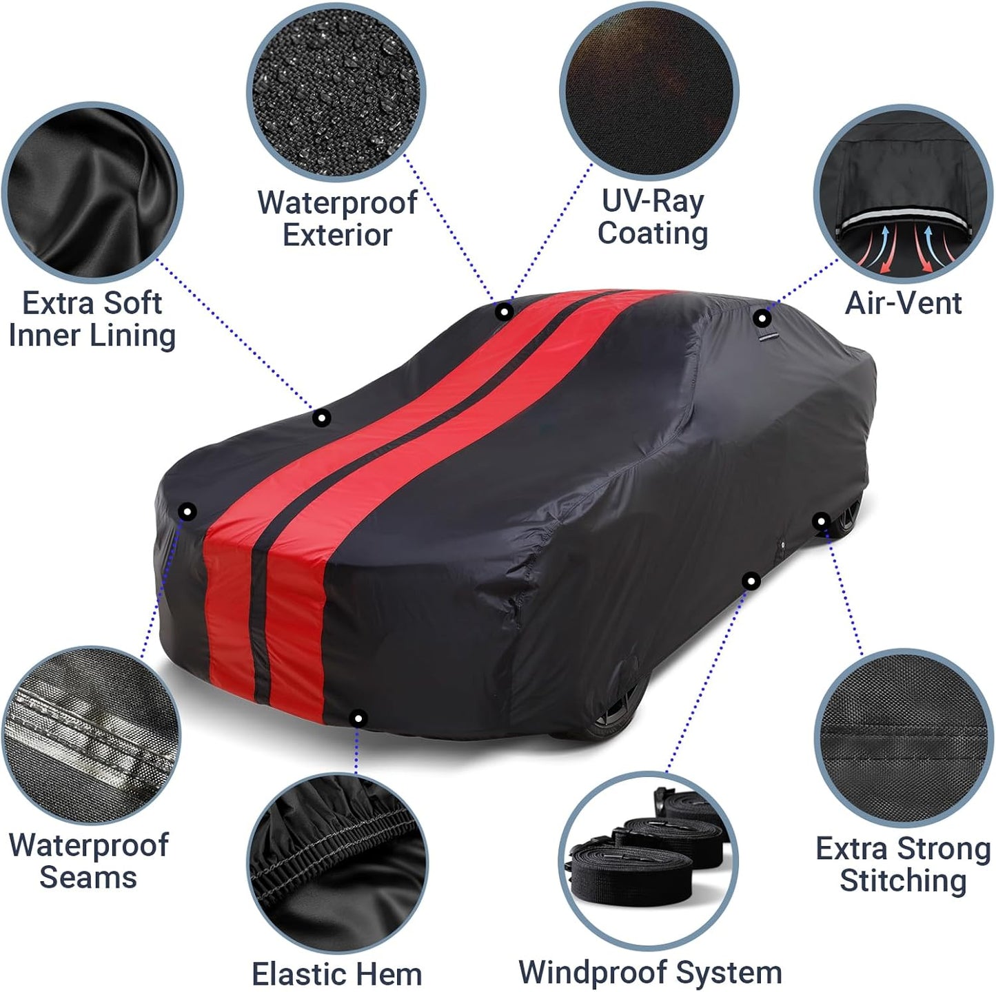 iCarCover Custom Car Cover for Chevy Impala 2-Door, 4-Door (1958-1971) Waterproof All Weather Rain Snow UV Sun Protector Full Exterior Indoor Outdoor Car Cover (Stripe - Black/Red)