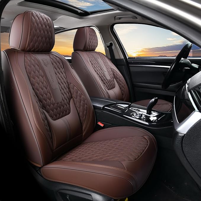 Coverado Car Seat Covers Full Set, 5 Seat Leather Seat Covers for Cars, Car Seat Protector with Lumbar Support, Waterproof Seat Covers Universal Fit for Most Cars SUV Trucks (Coffee)