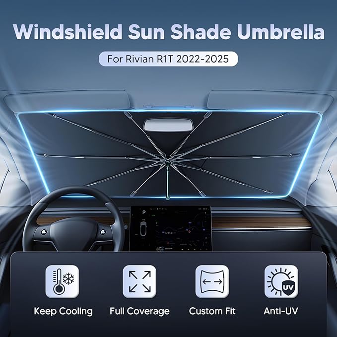 Autorder Windshield Sun Shade Umbrella for 2022-2025 Rivian R1T Accessories,Upgraded Ice Crystal Material,Easy Setup Umbrella Sunshade for Car Windshield,100% Sun Blocking