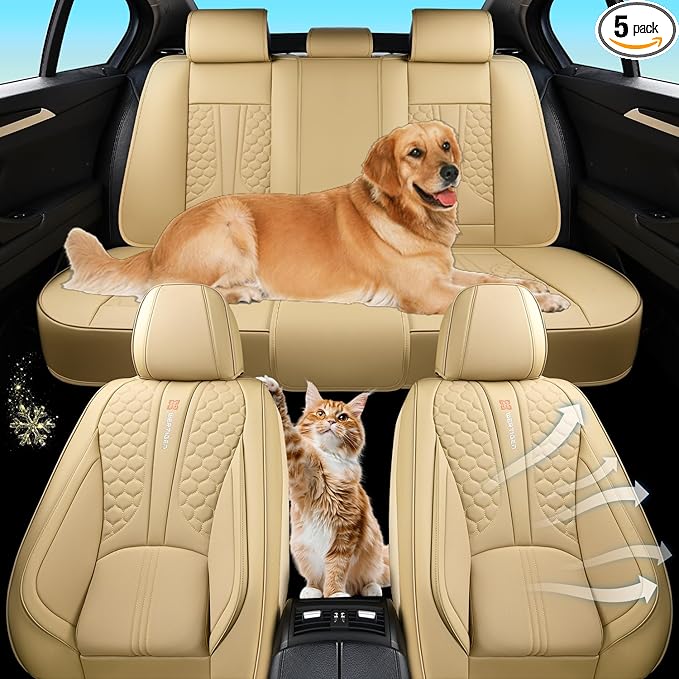 Beige Car Seat Covers for Ford Bronco Sport 2021-2025 Car Seat Cover, Faux Leather, 5 Piece Full Set, Waterproof, with Lumbar Support, Protect and Upgrade Seats