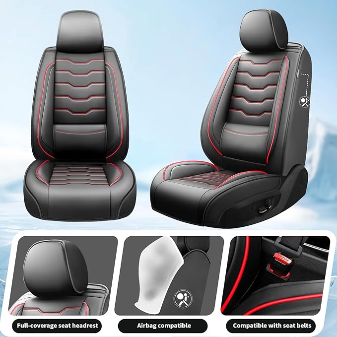 Fit Accord Car Seat Covers Premium Leather for Honda Accord 2012-2025 2026. Waterproof， Breathable, Scratch-Resistant & All-Weather Seat Cushion Protector（Full Set,Red Line Black