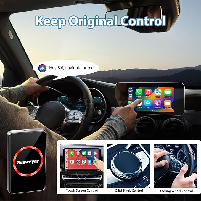 Sunweyer Wireless CarPlay Adapter Car Streaming Device Ai Box Support Netflix, YouTube, Hulu, Disney+, Android Auto Wireless Adapter with LED Ambient Light, Easy to Setup 3 in 1, Dual WiFi Bluetooth