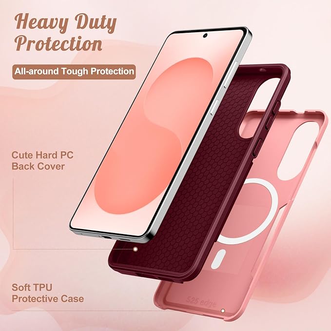 for Samsung Galaxy S25 Edge Case - Compatible with MagSafe Women Girls Cute Magnetic Protective Phone Cover Girly Floral Flowers Heavy Duty Shockproof Design for Samsung S25 Edge Case