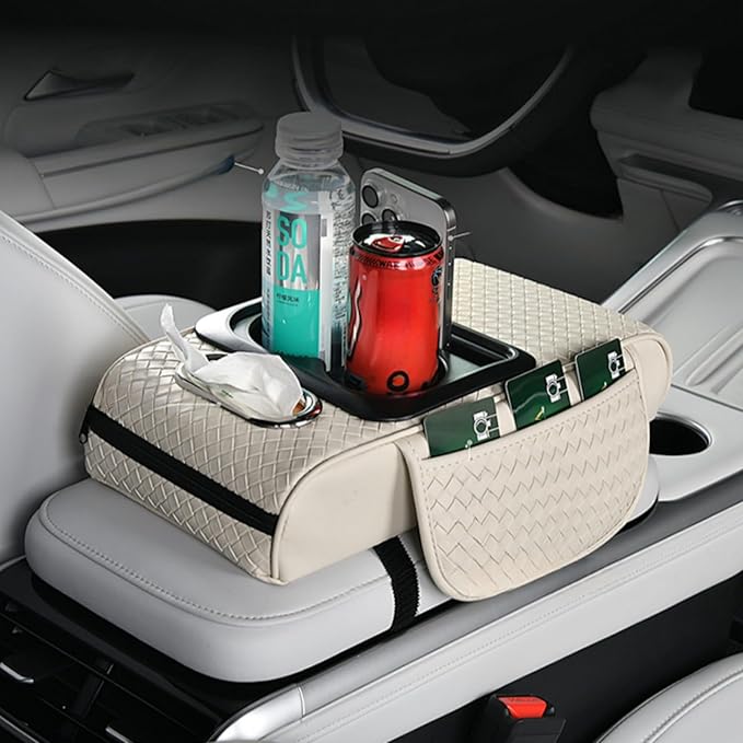 Car Armrest Cushion Cover Car Center Console Memory Foam Booster Pad with Storage Pocket and Tissue Hole for Sedan Vehicle (Cupholder - Coffee, 13.39 * 7.68 * 2.95'' / 34 * 19.5 * 7.5cm)