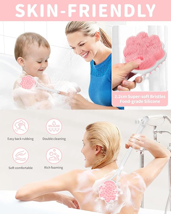 Manmihealth 15.7" Cute Silicone Back Scrubber with Long-Handle, Dual Use Back Brush for Shower with Super-Soft Silicone Bristles, Paw-Shaped Shower Body Scrubber for Sensitive Skin(Pink)