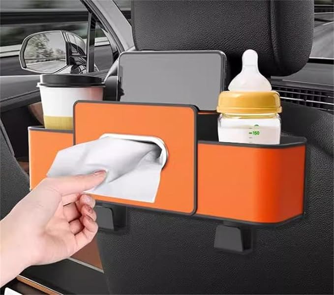 Car Organizers and Storage Box Behind Seat, Car Organizer Back of Seat, 4 in 1 Multifunctional Cars Organizer, For Snacks, Drinks, Bag Hook, Keep Tidy & Organized (Orange)