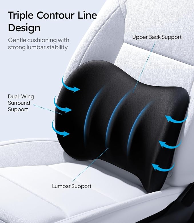 Wigoo 2026 Lumbar Support Pillow for Car [Ergonomic Design, Pressure Relief] Back Cushion for Driving Seat, Back Support Pillow for Car-Office Chair, Fits All Vehicles (Black 1-Pack)