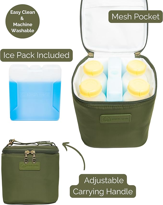 Sarah Wells Cold Gold Breastmilk Cooler Bag with Safety Tested Ice Pack – Insulated Milk Storage for Work, Travel & Daycare – Fits Bottles & Pump Parts – Durable, Washable (Olive)