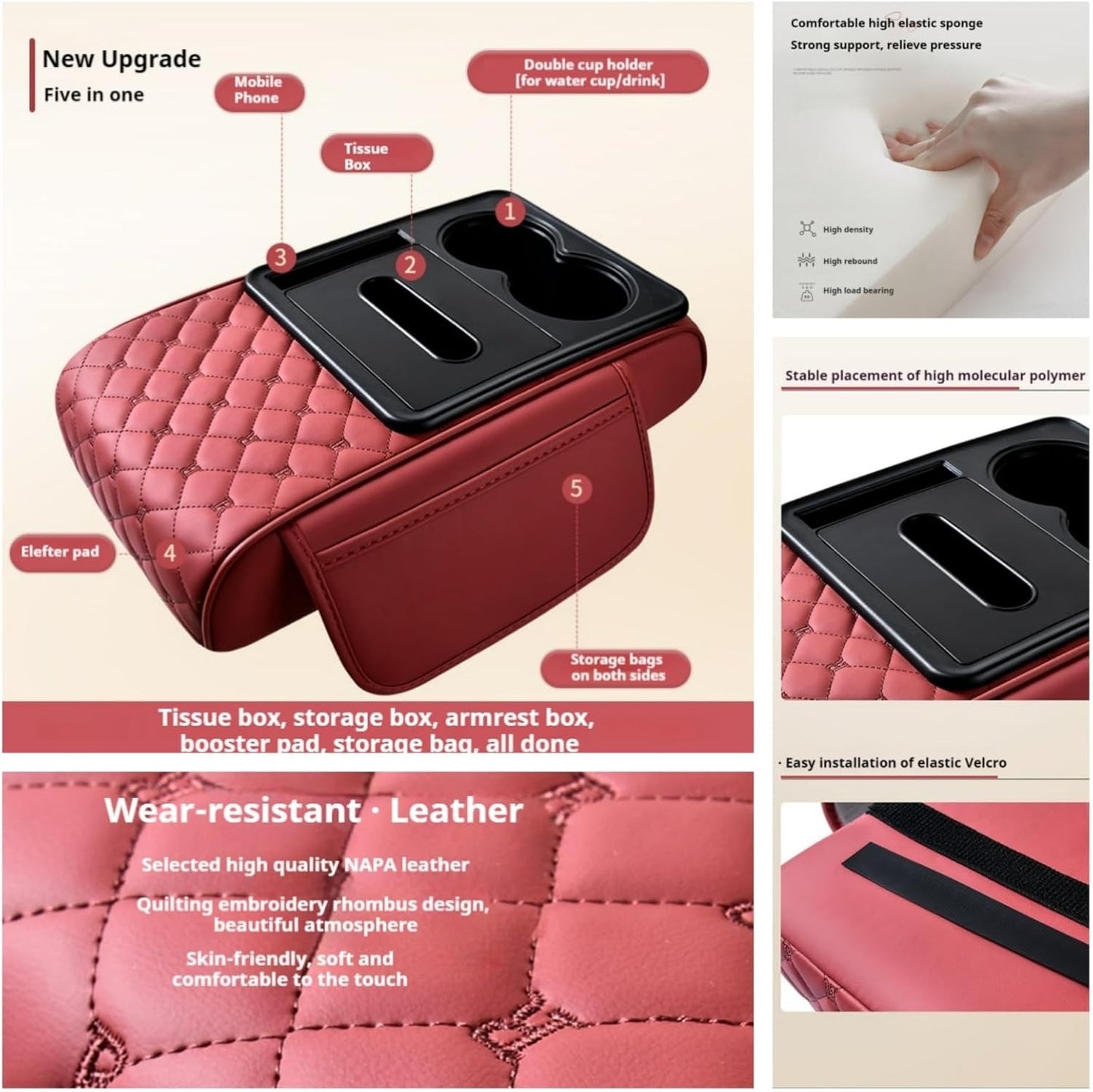 Center Console Cover Organizer, 5-In-1 Arm Rest Cover for Car with Cup Holder & Storage Pocket & Tissue Holder, Armrest Cover Cushion Pad, Grid, Red