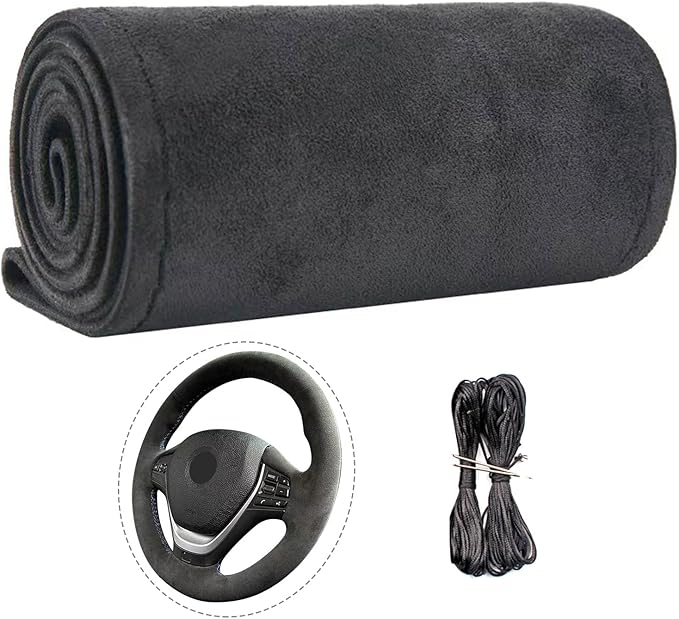 Suede Leather Steering Wheel Cover Wrap Kit - DIY Stitch-On for 16-17" Wheels, Superior Sweat Absorption & Non-Slip Grip, Comfortable & Durable Year-Round Upgrade