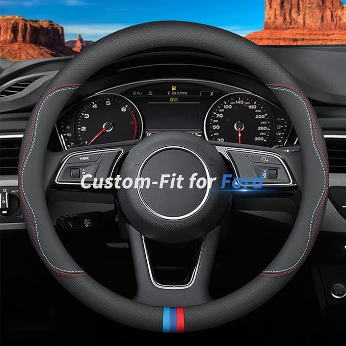 Custom-Fit for Ford Steering Wheel Cover, Premium Leather Car Steering Wheel Cover with Logo, Non-Slip, Breathable, for Ford Accessories (C-Style,for Ford)