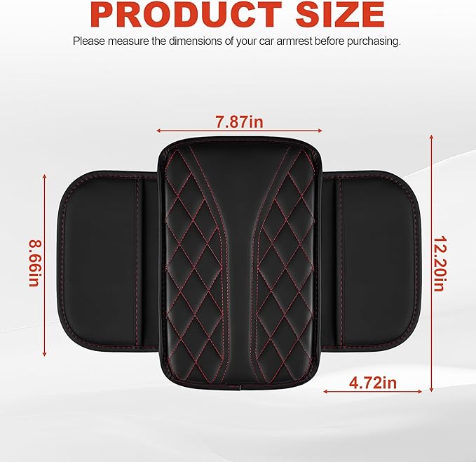 Center Console Cover Fit for Kia Soul 2010-2025 with 2 Storage Bags Waterproof Leather Quilted Pattern Car Armrest Cover Cushion Anti - Slip(002#Black&Red Line)