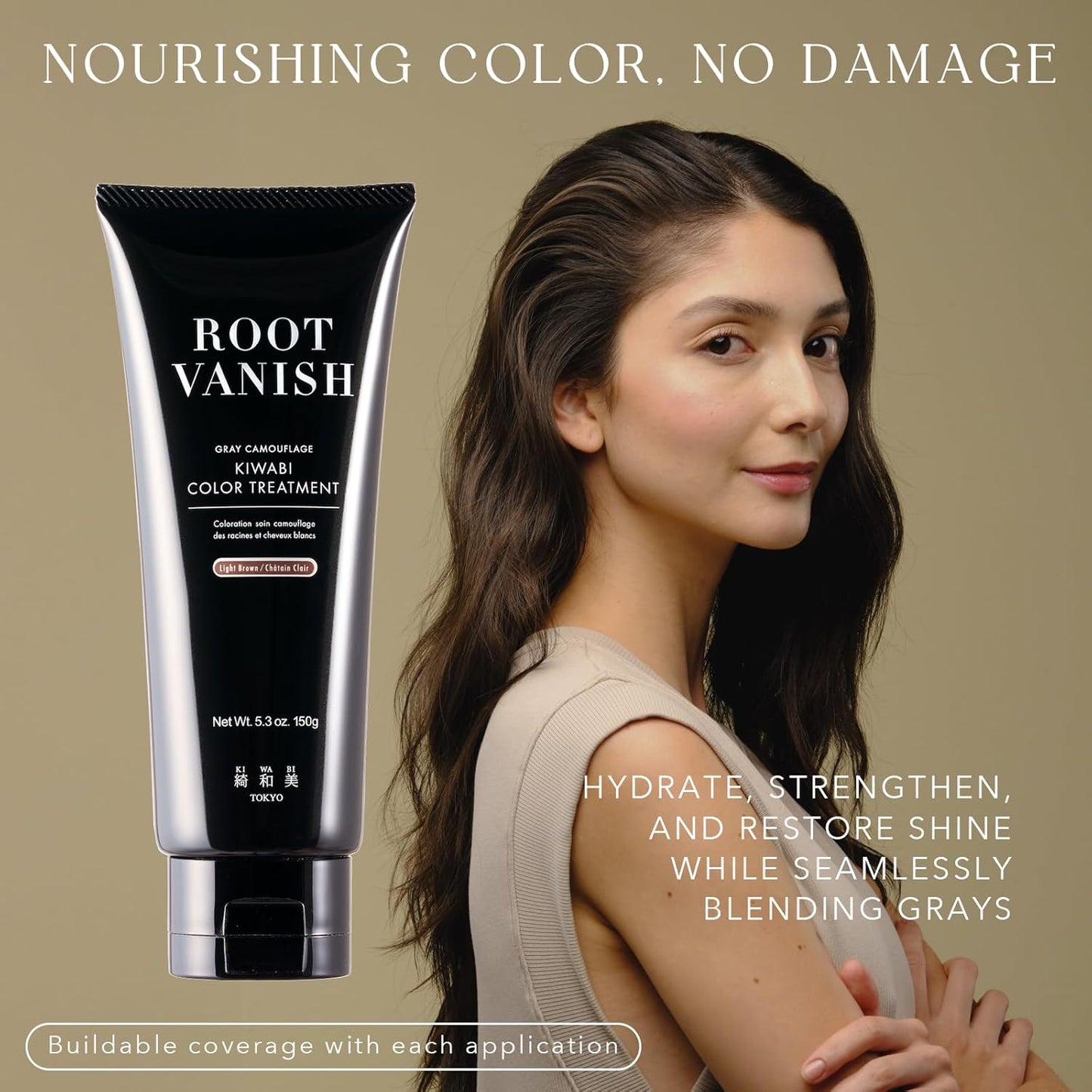 KIWABI Root Vanish Color Treatment in Light Brown Instantly Camouflages Gray Roots and Hair with Natural Anti-Aging Botanicals (150g, Paraben Free, Gray)
