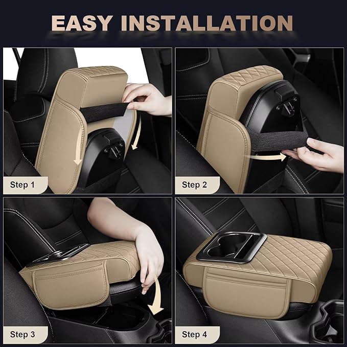 Center Console Cover Fit for Camry Faux Leather Car Armrest Cushion with Storage Bags, Cup Holder ＆ Phone Storage Multifunctional Middle Console Cover(Beige)