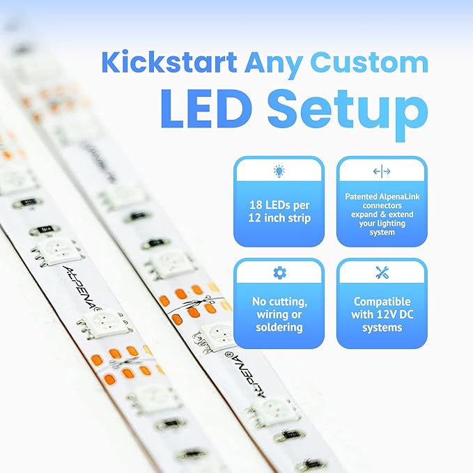 Alpena MAX LED Light Strip Starter Kit – EZ-Link Modular 12V Plug-and-Play Lighting for Cars & Trucks, Interior/Exterior Stick-On Light Bars, 2×12” Weatherproof Strips, Green