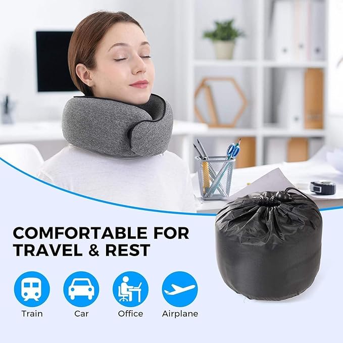 Neck Travel Pillow |100% Pure Memory Foam Neck Pillow Comfortable & Breathable Cover, Machine Washable for Travel, Airplane, Car Rides, & Home Use, Travel Kit with Eye Masks, Earplugs, & Bag (Gray)