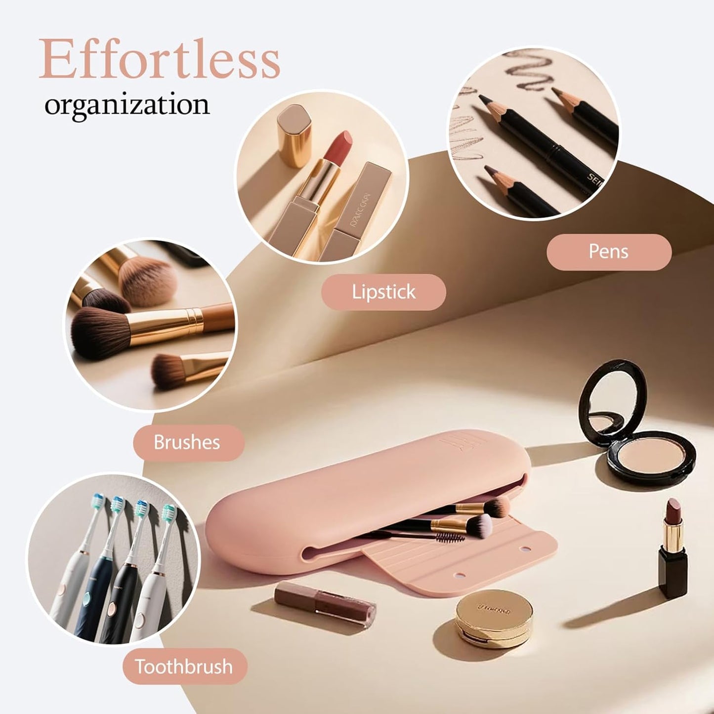 Silicone Makeup Brush Holder Set – Portable Travel Makeup Brush Holder with Makeup Sponge Holder and Foldable Cleaning Bowl – Upgraded 3-in-1 Cosmetic Organizer Set (powdered pink)
