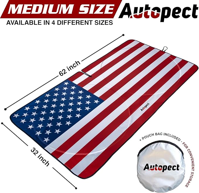 Windshield Sun Shade - American Flag Design, High-Resolution Sun Visor for Car, Truck, SUV with Mirror Cut-Out for Interior Sun Protection, Foldable Car Sun Shade (Original, Medium)