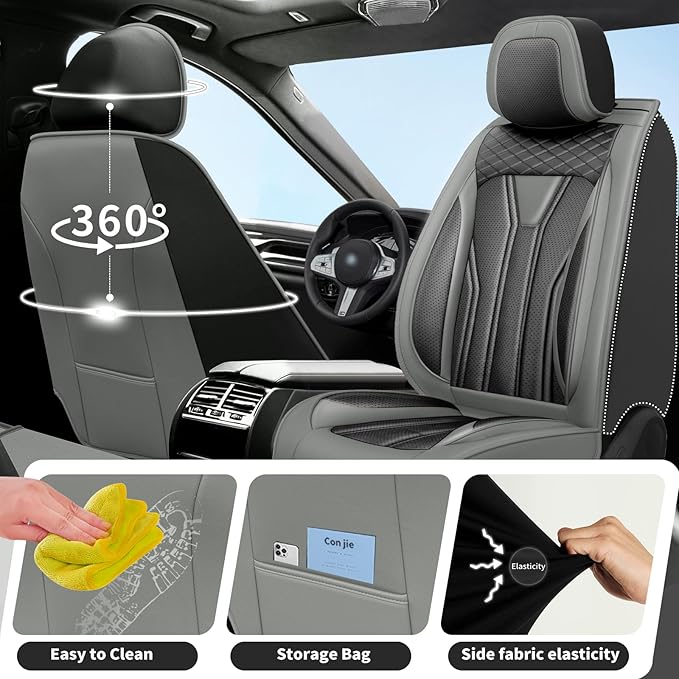 Fit Juke Car Seat Covers Compatible with Nissan Juke 2012-2015 2016 - Premium Leather， Waterproof Breathable， All-Weather Seat Cushion Protecto&Airbag Compatible (2 Front Seat Gray&Black)