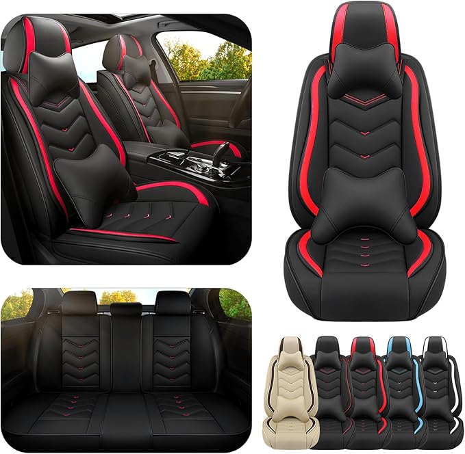 Car Seat Covers for KIA Sedona 2003-2021, Premium Nappa Leather Car Seat Cover, Stylish Sport Seat Covers， Automobile Seat Cover Sets.(Luxury 5 Seats/Black Red)