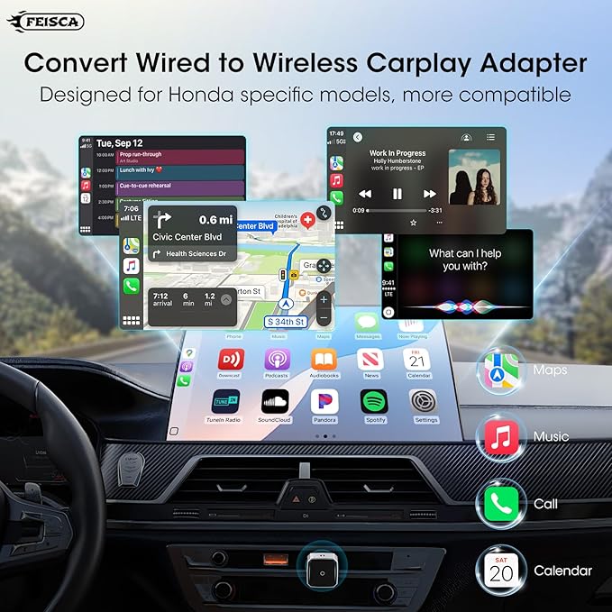 Wireless Carplay Adapter for iPhone, Convert Wired to Apple Carplay Wireless Adapter, Mini Size, Plug and Play, Connection Stable No Delay Car Play for Honda Special Models