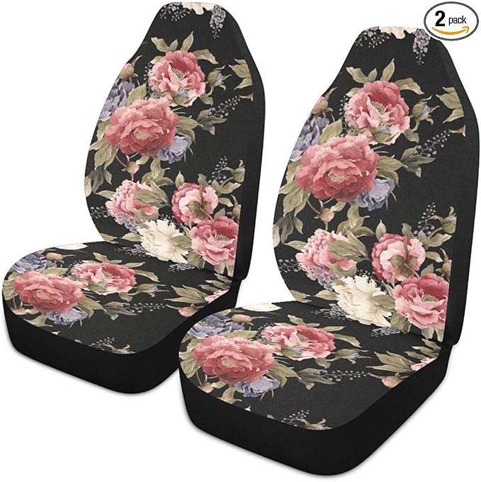Dark Vintage Floral Flowers Print Car Seat Covers Set of 2,Seamless Floral Pattern with Peonies Watercolor Universal Auto Front Seat Protector for Women Cute Car Accessories Fit for Car Truck