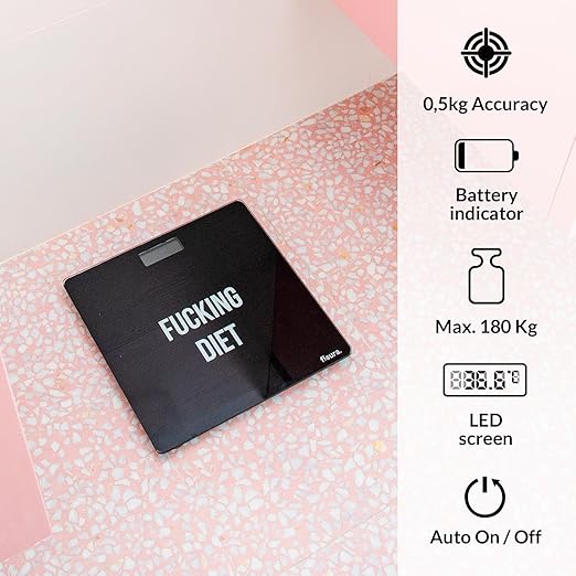 Fisura - Digital Bathroom Scale f*cking Diet. Glass Bathroom Scale. Electronic Bathroom Scale up to 180 kg and 50 g Accuracy, Step-On Technology. 30 x 30 cm