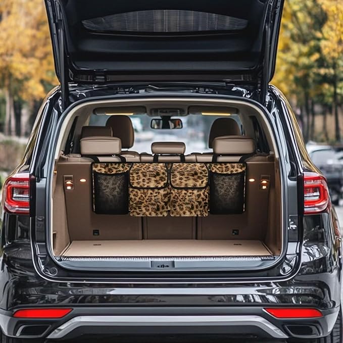 Brown Leopard Pattern Car Organizer Waterproof Trunk Hanging Storage Bag with Extra Storage Space for SUVs,Trucks,Vans