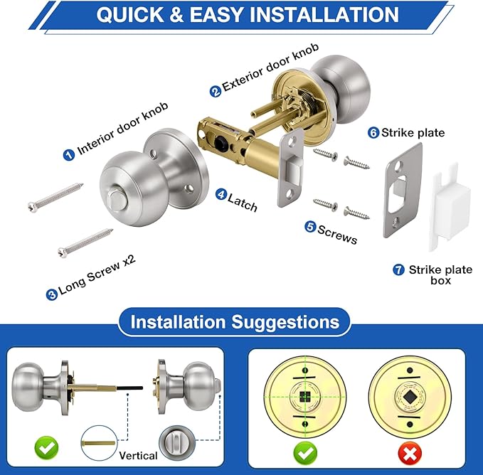 Plustool 5 Pack Brushed Nickel Door Knobs,Privacy Door Knob with Lock, Interior Doorknobs Silver, Keyless Door Locks Set for Bedrooms Bathrooms, Reversible for Left/Right Door Handle