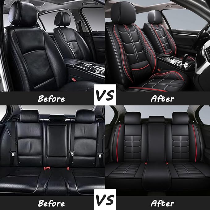 Leather Car Seat Covers Fit for Toyota Corolla 1997-2024, 5 Seater Car Seat Cover, Premium Waterproof, Scratch Resistant Car Interior Accessories (Full Set Black Red)