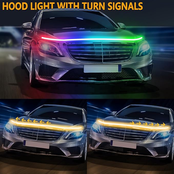 79 Inches RGB Multicolor Dynamic Scanning Starter Hood Lights, Car LED Hood Light Strip, Exterior Flexible Headlight Waterproof Daytime Running Lamps Strips (1 Set)