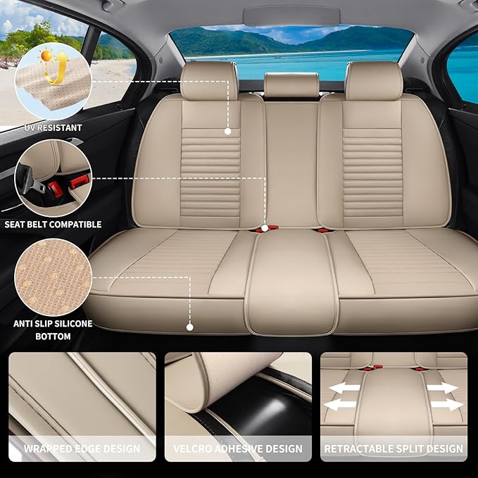 Car Seat Covers Full Set Fit for Toyota Camry 2001-2026, Premium Faux Leather Car Seat Protector,Breathable Anti-Slip Full Wrapping Edge Seat Covers(Beige,Full Set)