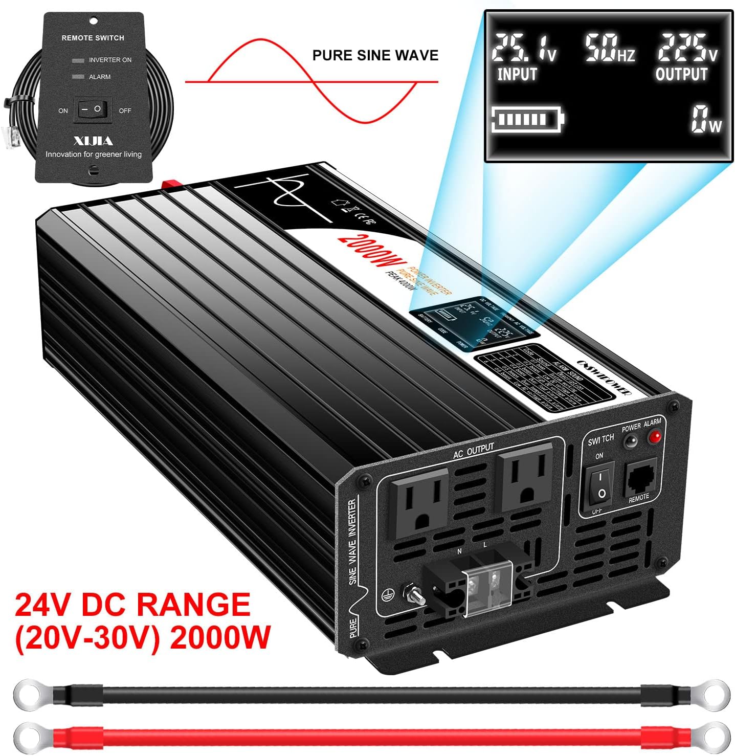 Xijia 2000W (Peak Power 4000W) Pure Sine Wave dc to ac Inverter Remote Switch DC 24V to AC 120V 60HZ Solar Converter for Home car rv &Yacht (DC24V (Range 20V-30V) 2000W)