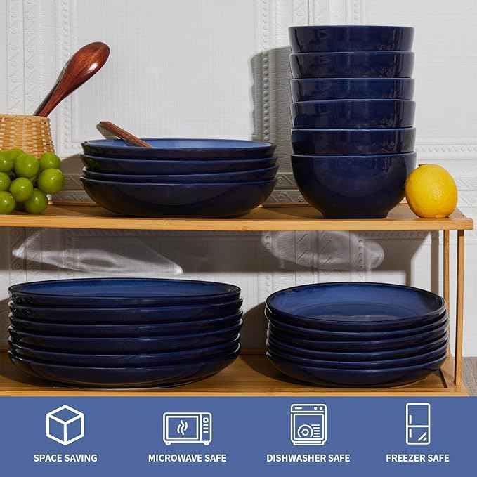 Blue Stoneware Dinnerware Set, 12 pcs Reactive Glaze Plates and Bowls Sets, Handmade Round Dishes Set for 4, Highly Chip and Crack Resistant Modern Plate Set