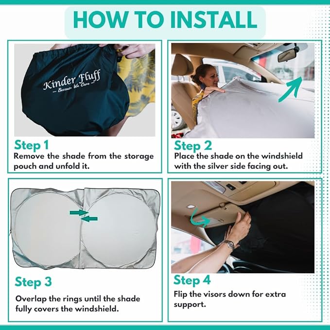 Windshield Sun Shade -Certified 99.87% UVB & 99.02% UVA Car Sun Shade. Award Winning Sunshade - Patented Technology | Compatible for Honda Accord (2013-2017) | Car Shades by Kinder Fluff