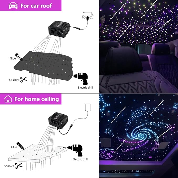 AZIMOM Dual Color Mixed920pcs 9.8ft Twinkle Fiber Optic Starlight Headliner+ Pure White Meteor 240pcs Shooting Star, Sound Mode APP& Remote Control 2 in 1 Starlight Meteor Kits for Car Home Ceiling