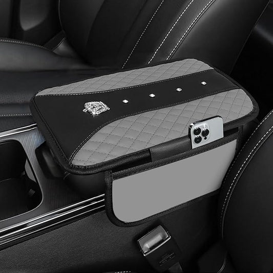 NBTEPEM Bling Crown Car Center Console Armrest Cover, Leather Middle Console Cover Cushion with 2 Storage Bags, Car Armrest Storage Box Interior Accessories for Most Vehicles(Gray)