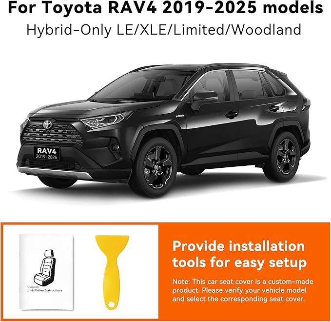 Custom Fit RAV4 Hybrid Seat Cover for Toyota RAV4 2019 2020 2021 2022 2023 2024 2025 Hybrid-LE/XLE/Limited/Woodland Edition/XLE Premium,Faux Leather,2-Row Full Set,(Black)