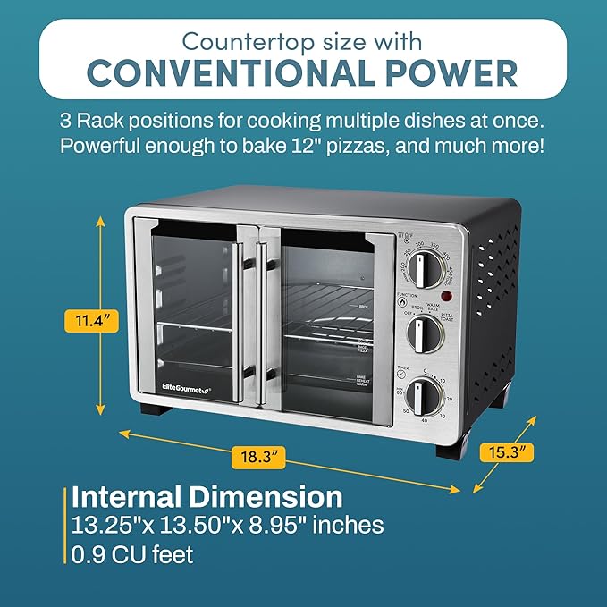 Elite Gourmet ETO2530M Double French Door Countertop Toaster Oven, Bake, Broil, Toast, Keep Warm, Fits 12" pizza, 25L capacity, Stainless Steel & Black