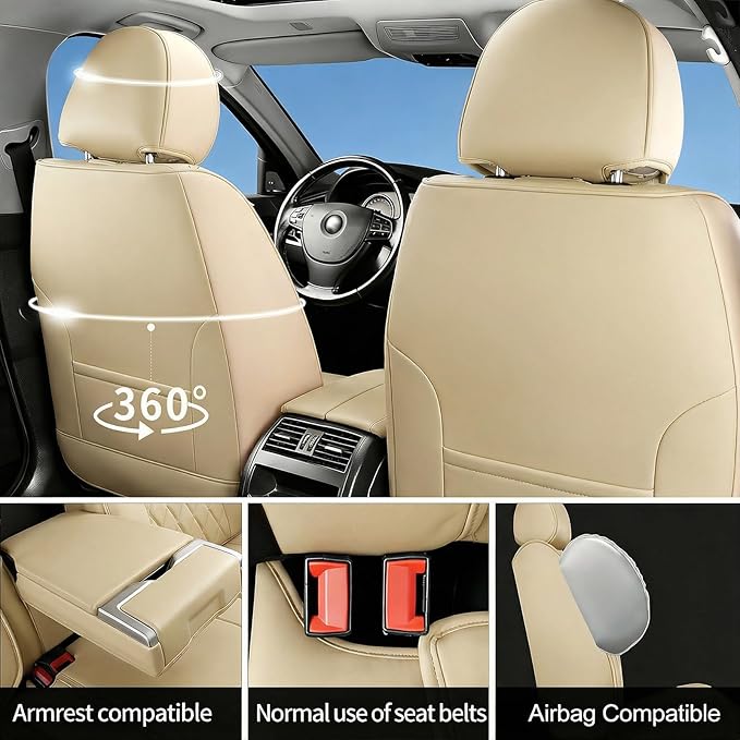 Fit RDX Car Seat Covers for Acura RDX 2010-2025 2026 - Premium Leather, Waterproof, All-Weather, Airbag Compatible, Anti-Slip, Breathable, Easy Install, Seat Protectors, Full Set, Beige