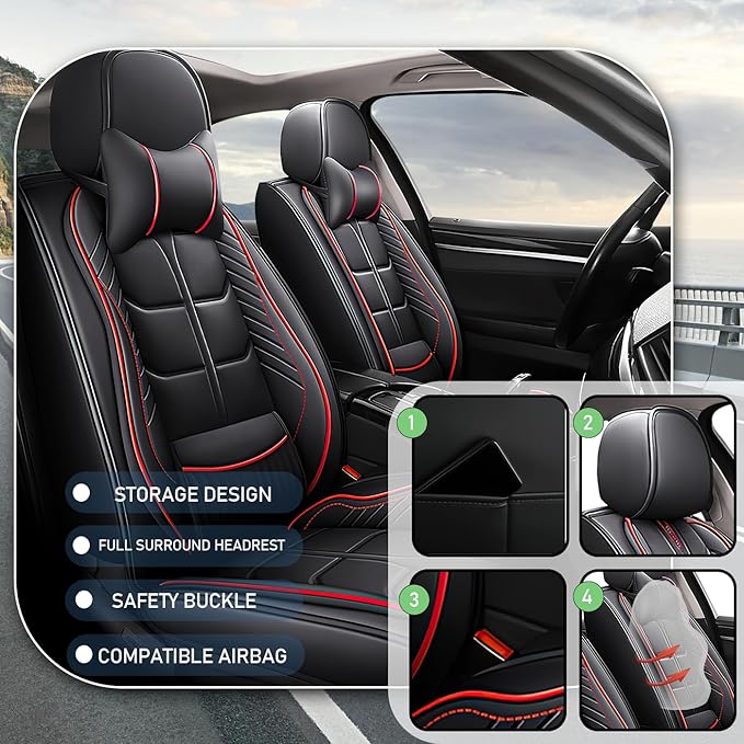 Leather Car Seat Covers Fit for Toyota Corolla iM 2017-2018, 5 Seater Car Seat Cover, Premium Waterproof, Scratch Resistant Car Interior Accessories (Full Set with Pillow Black Red)