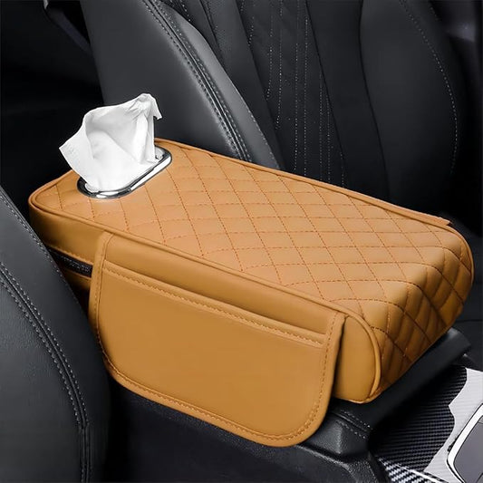 Car Center Console Cover for Infiniti FX SUV FX35 / FX37 / FX40 / FX45 /FX50, Leather Car Arm Rest Cover, Car Armrest Cushion with 2 Storage Bags Car Center Console Armrest Pad, G Yellow