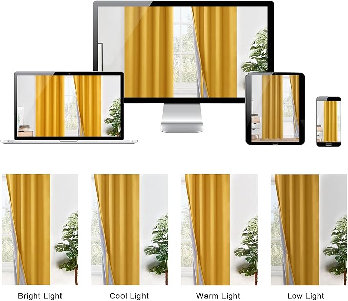 XWZO 100% Blackout Curtain Panels - Thermal Insulated Black Liner Curtains, Noise Reducing and Heat Blocking Drapes for Hall and Studio Windows with Tiebacks, Yellow, W60 x L84, Set of 2