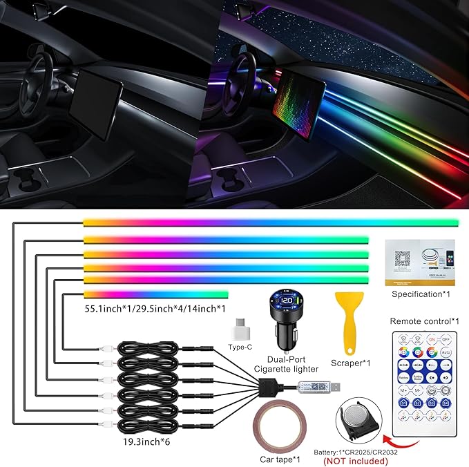 Dreamcolor Acrylic Interior Car LED Strip Light with USB/Type C/4-Port Cigarette Lighter,RGB 6 in 1 with 187 inches 650 LEDs Ambient Lighting Kits, Sound Active Function Neon Led Strips for Car